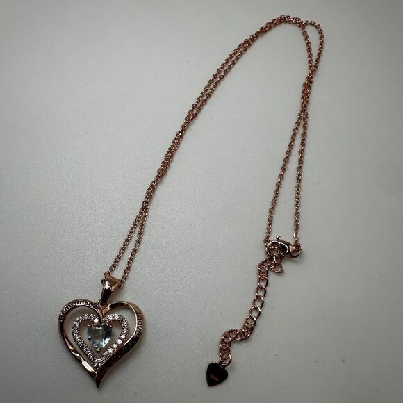 NIB Redbee 18kt GP, Rose gold over s925, "Aquamarine" CZ in heart necklace! - Picture 11 of 14
